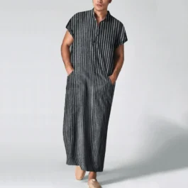 Men’s Jubba Thobe  Striped Short Sleeve Solid Summer Kaftan