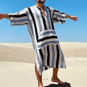 Kf S7277138d423f4aadb0df6c9b92cc33aey Men Casual Robe Striped V Neck Loose Slit Robe Clothes Vintage Casual Ethnic Style Men S