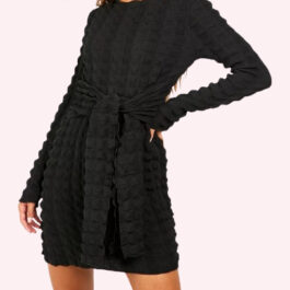 TIE FRONT BUBBLE LONG SLEEVE MINI DRESS