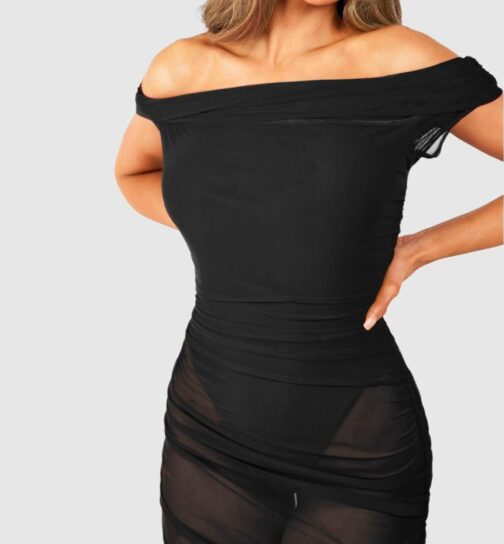 Female Black Bardot Ruched Mesh Maxi Dress 2 1024x1536