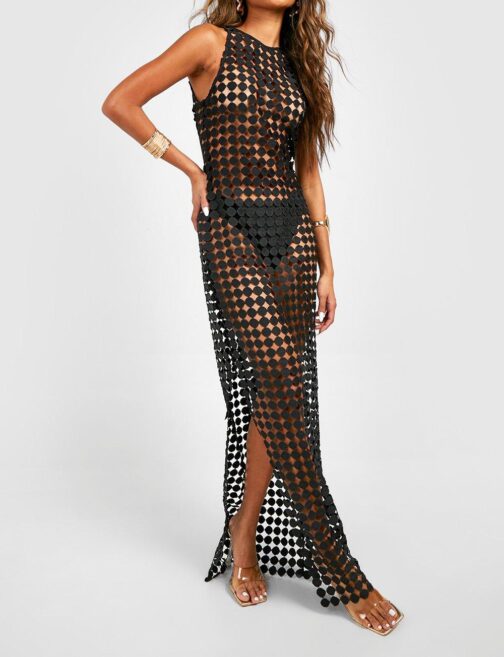 Female Black Disk Crochet Tie Back Maxi Beach Dress 2