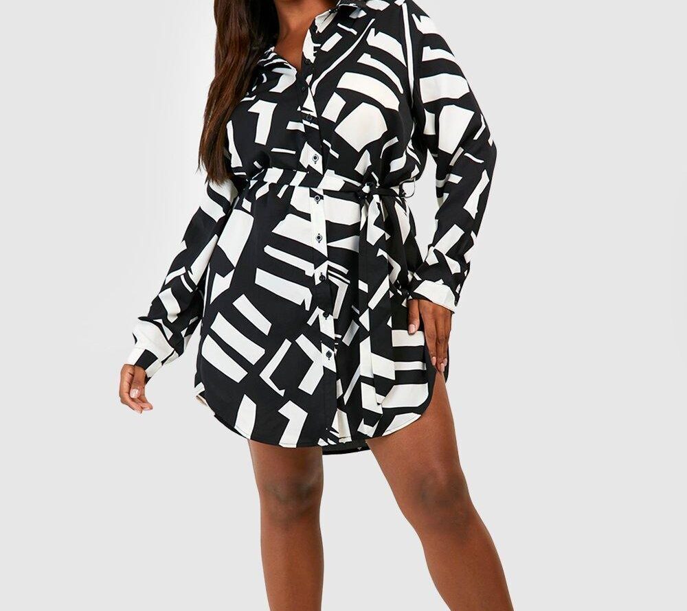 Female Black Plus Mono Printed Tie Belt Shirt Dress 1