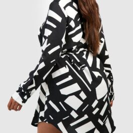 Female Black Plus Mono Printed Tie Belt Shirt Dress