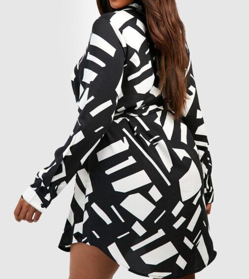 Female Black Plus Mono Printed Tie Belt Shirt Dress