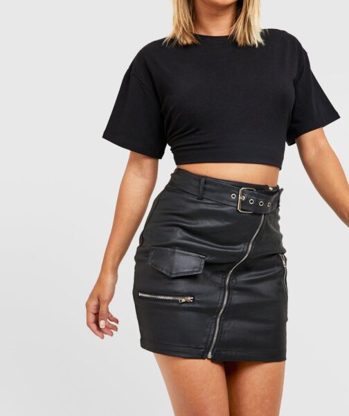 Female Black Pu Coated Denim Belted Biker Skirt 1