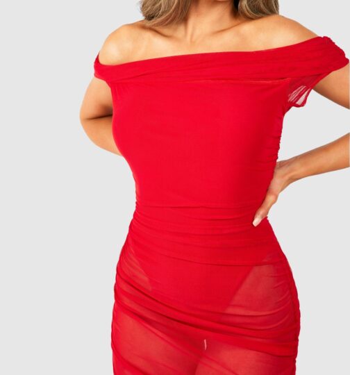Female Red Bardot Ruched Mesh Maxi Dress 2 Scaled