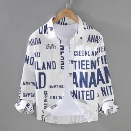 9711 Spring Fall New Fashion Letter Print Long Sleeve Men’s White Shirts Teens Soft Cozy Delicate Casual Loose Streetwear Blouse