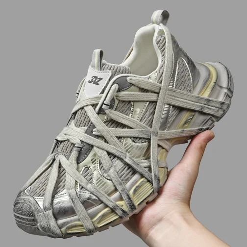 Unisex Chunky Sole Streetwear Sneakers in white with thick sole and casual street fashion style"