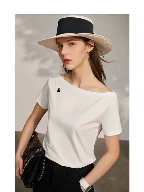 Minimalist Women’s Slash Neck Embroidered Tops