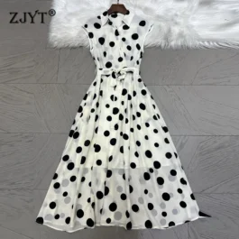 ZJYT Summer Fashion Women’s Vintage Dot Print White Dress Elegant Vestidos Sleeveless Lace Up Aline Casual Holiday Dresses Lady